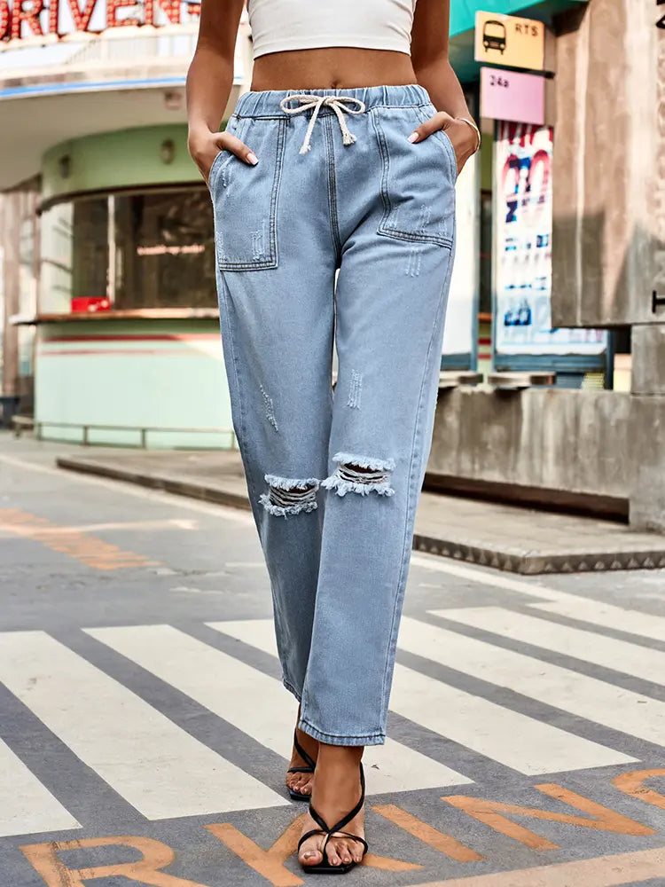 Autumn Drawstring Waist Distressed Denim Pants-Massicos