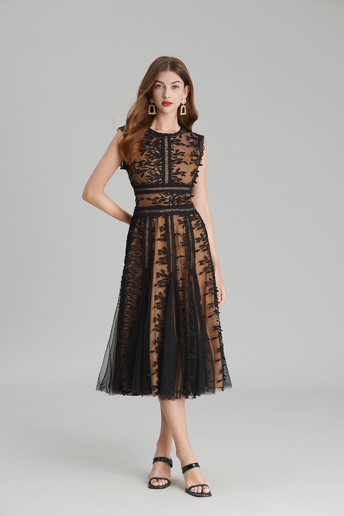 Maëlle Round Neck Mesh Embroidered Midi Dress In Beige-ROVOLE