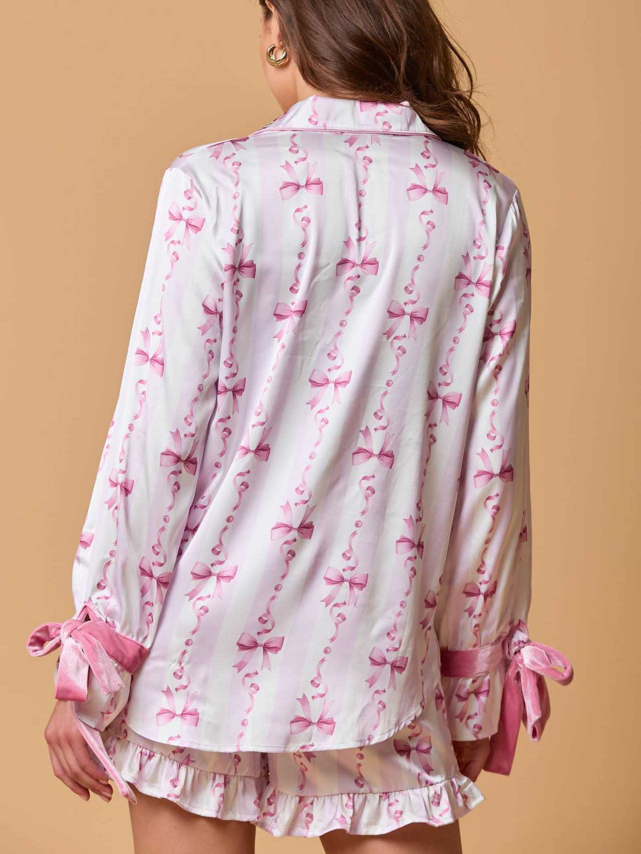 Bow Long Sleeve Button Down Pajama Set-Massicos