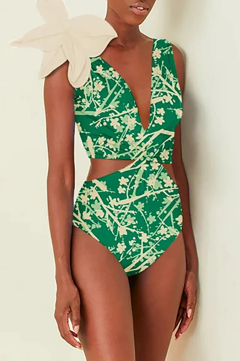 Floral Appliqué Green Printed One-Piece Swimsuit-ROVOLE