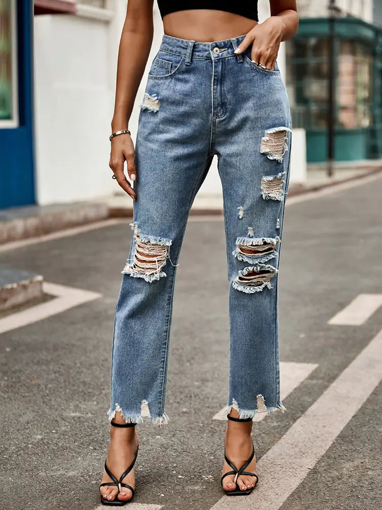 Trendy Frayed Slim-Fit Cropped Jeans-Massicos