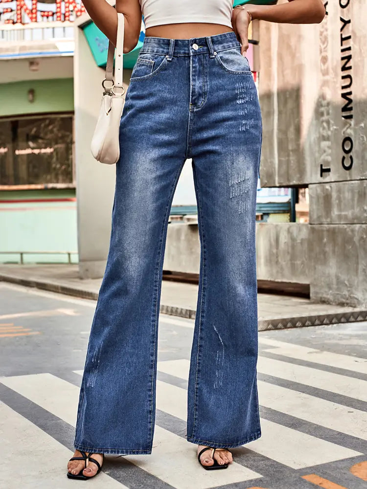 Versatile Mid-Rise Flared Denim Pants-Massicos