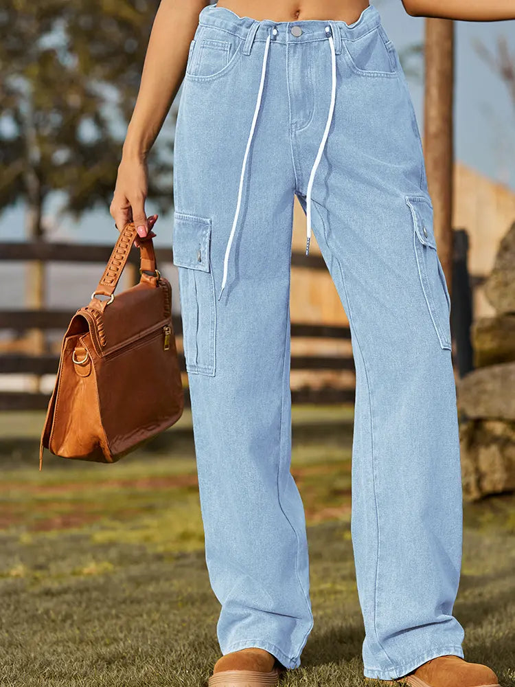 Adjustable Drawstring Washed Denim Cargo Pants-Massicos