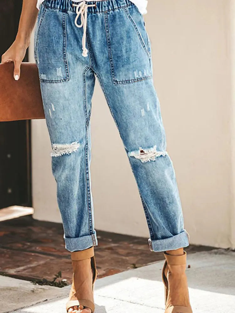 Autumn Drawstring Ripped Denim Pants-Massicos