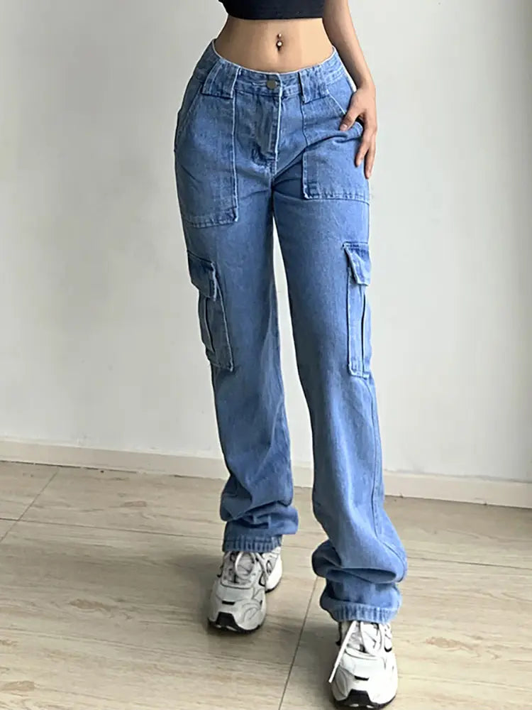 Versatile Multi-Pocket Loose Fit Cargo Jeans-Massicos