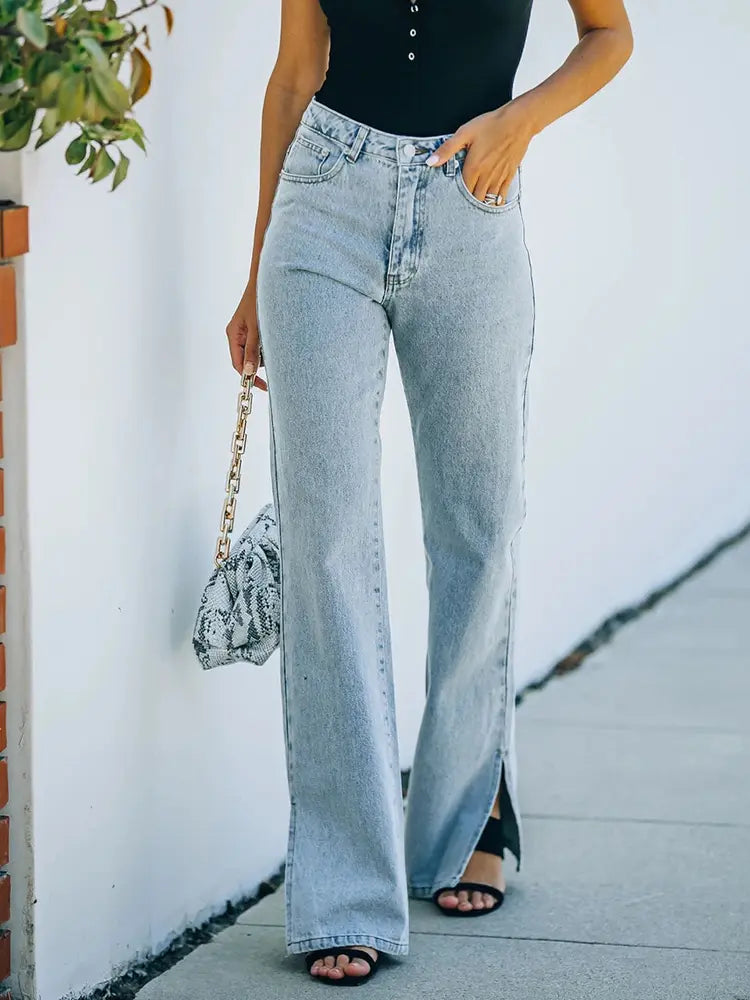 Washed Split-Hem Denim Pants-Massicos