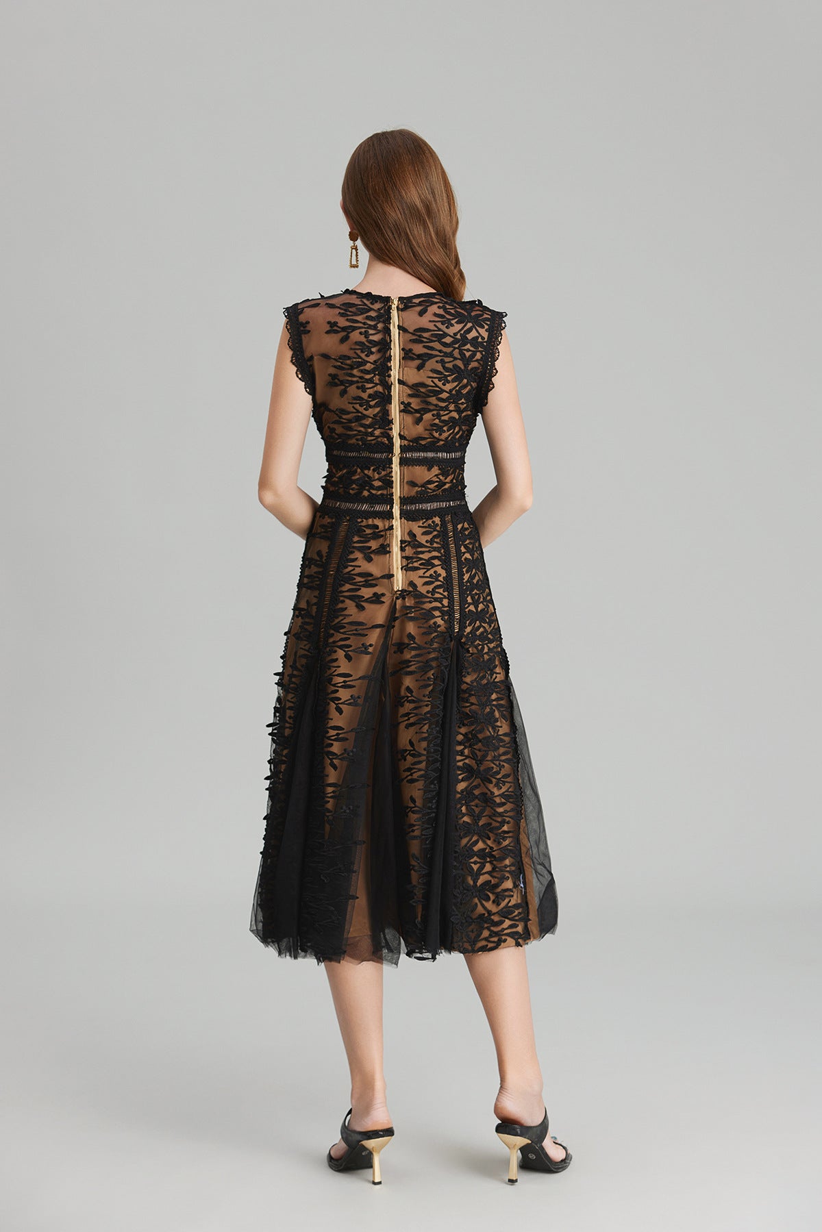 Maëlle Round Neck Mesh Embroidered Midi Dress In Beige-ROVOLE