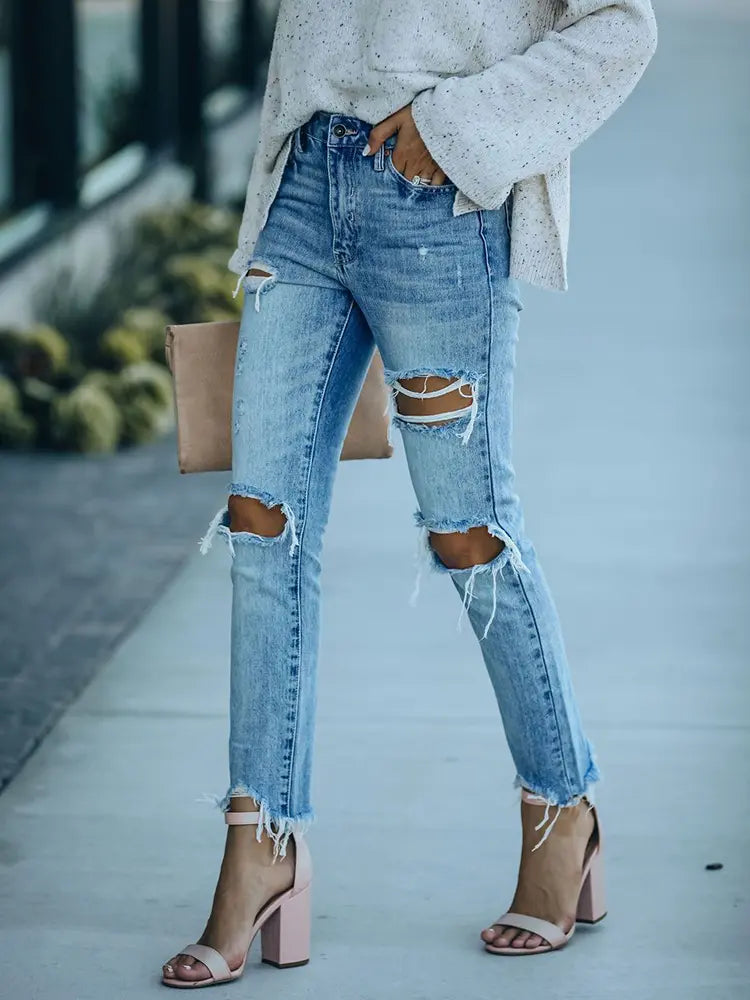 Street Style Ripped Slim-Fit Ankle-Length Jeans-Massicos