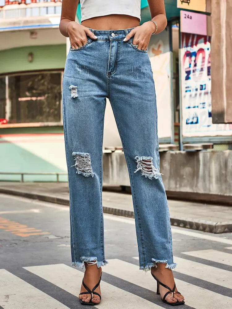 Trendy Ripped Denim Pants for Women-Massicos