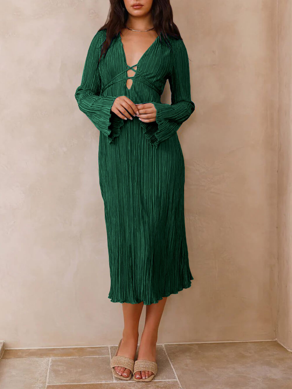 Mountain Vistas Draped Pleated Bell-Sleeve Midi Dress-Massicos