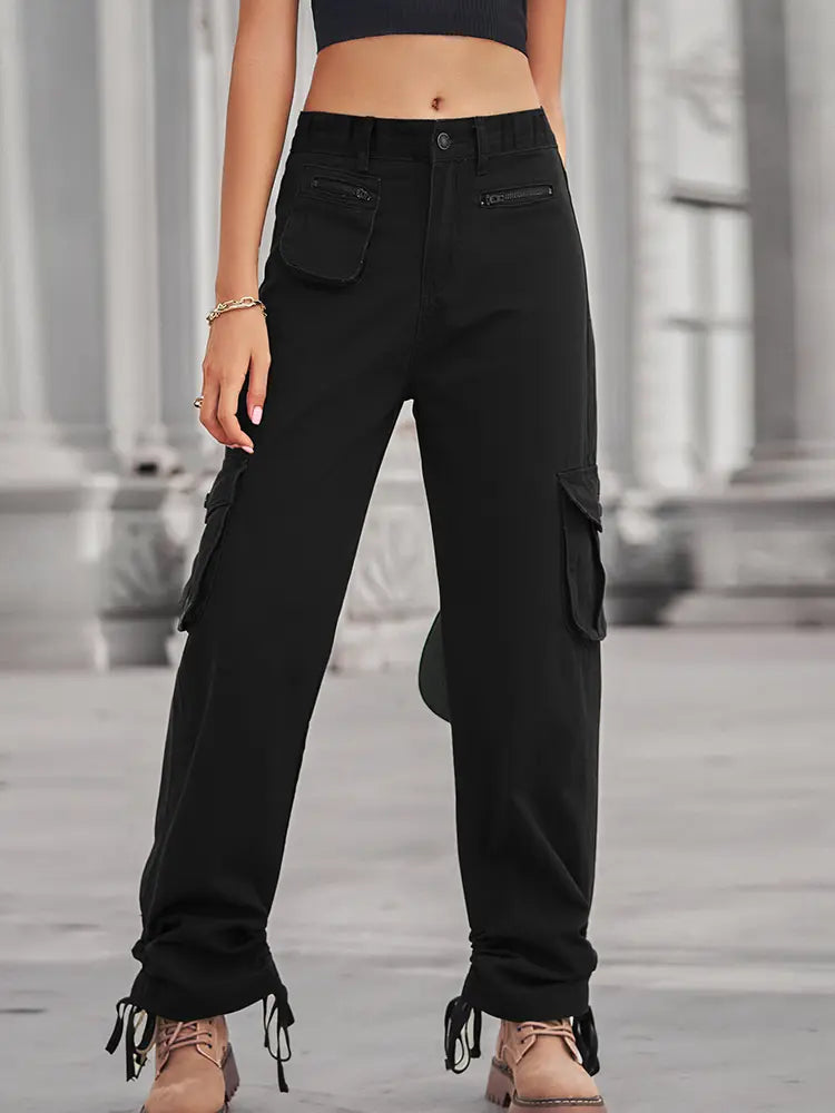 Casual Zipper Pocket Drawstring Denim Cargo Pants-Massicos