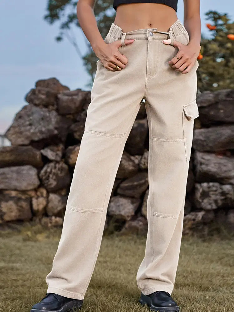 Elastic Waist Relaxed Fit Denim Cargo Pants-Massicos