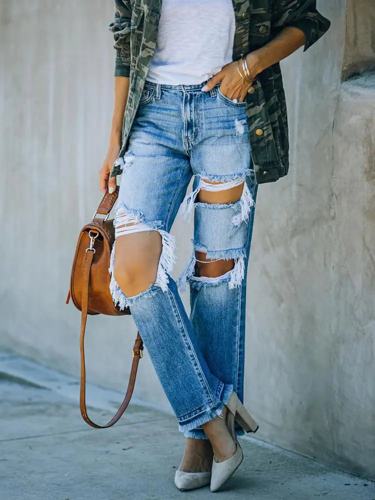 Ripped Distressed Beggar-Style Denim Pants-Massicos