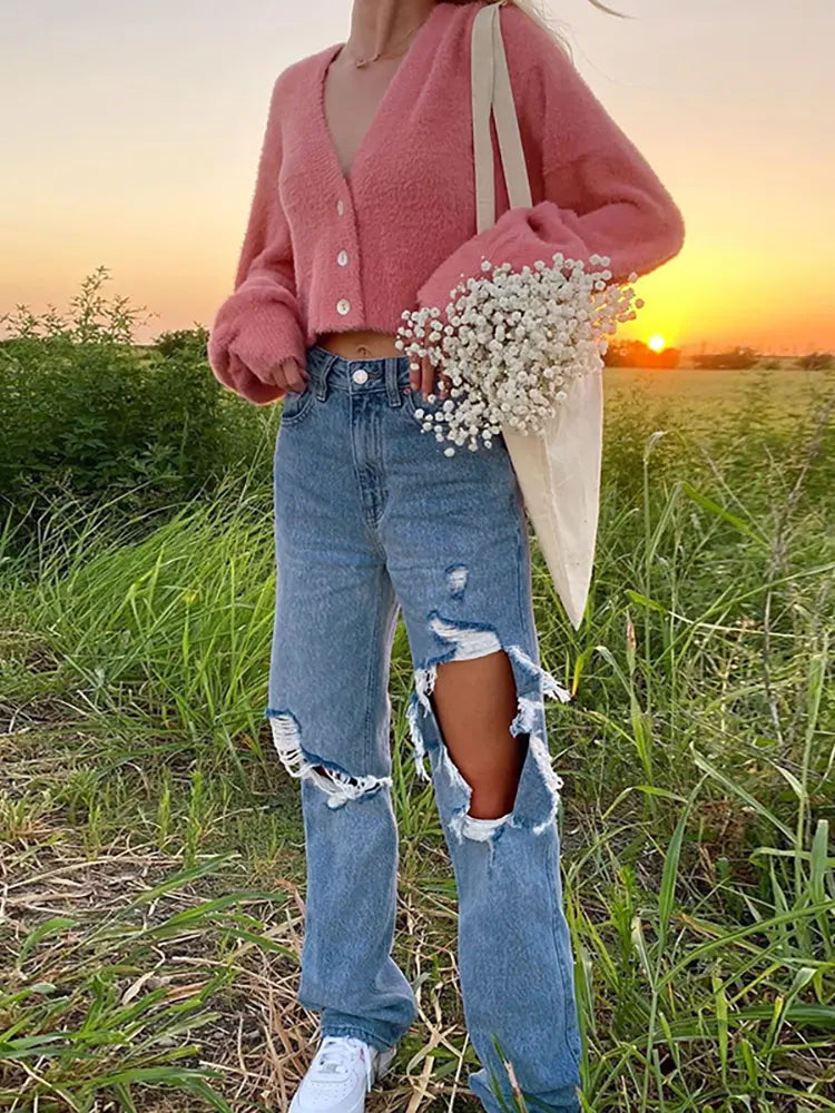 Summer Loose Straight-Leg Ripped Jeans-Massicos