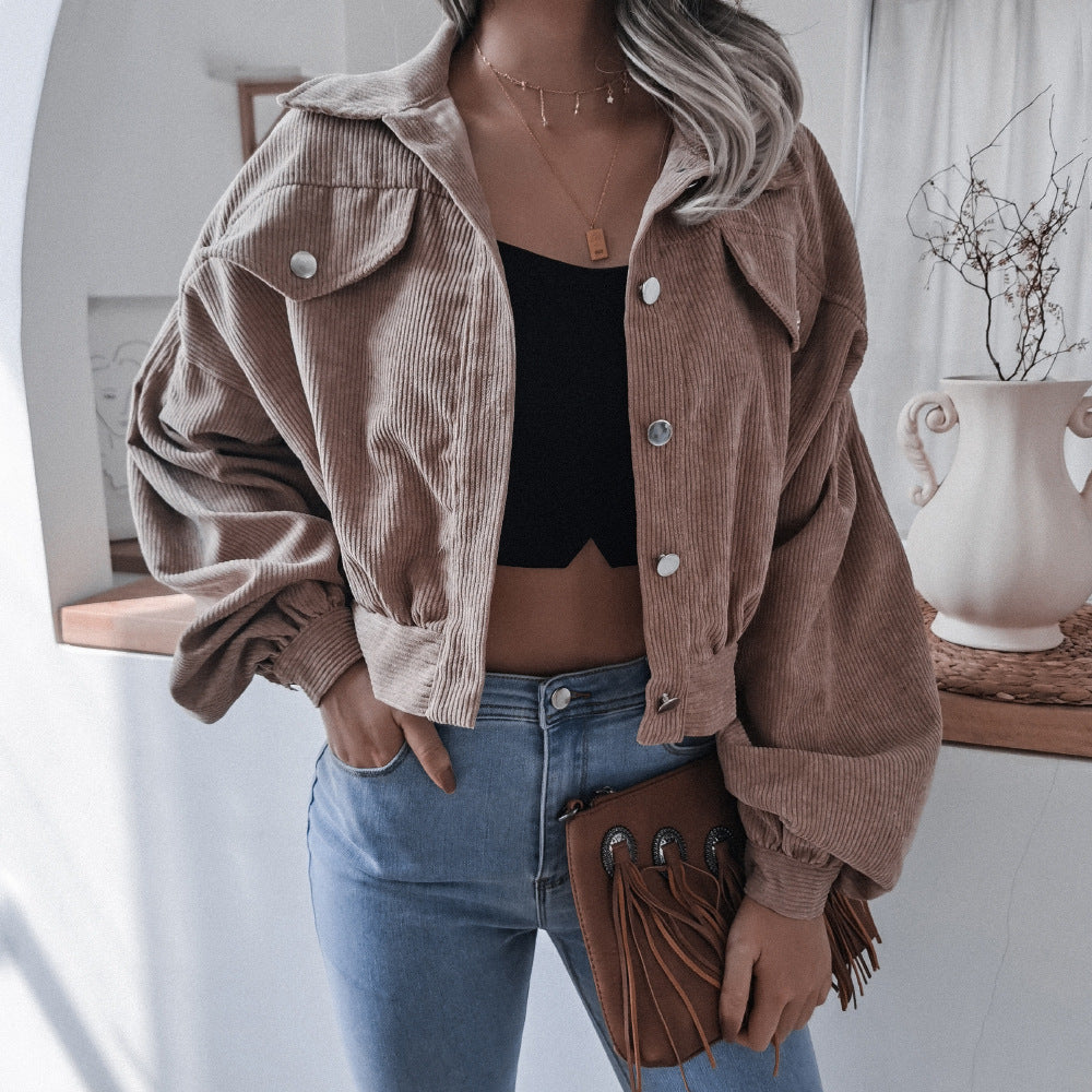 Casual Corduroy Lantern Sleeves Jacket-Massicos