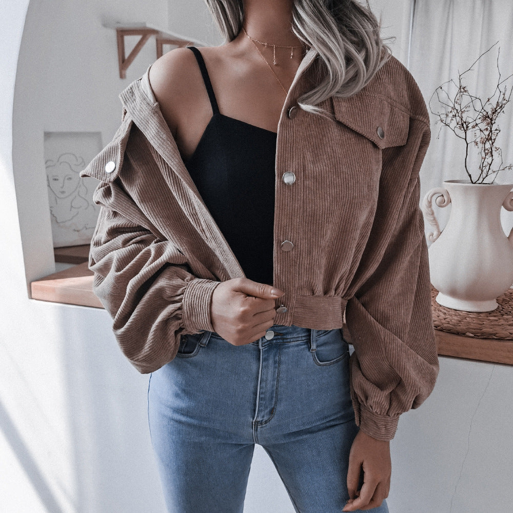 Casual Corduroy Lantern Sleeves Jacket-Massicos