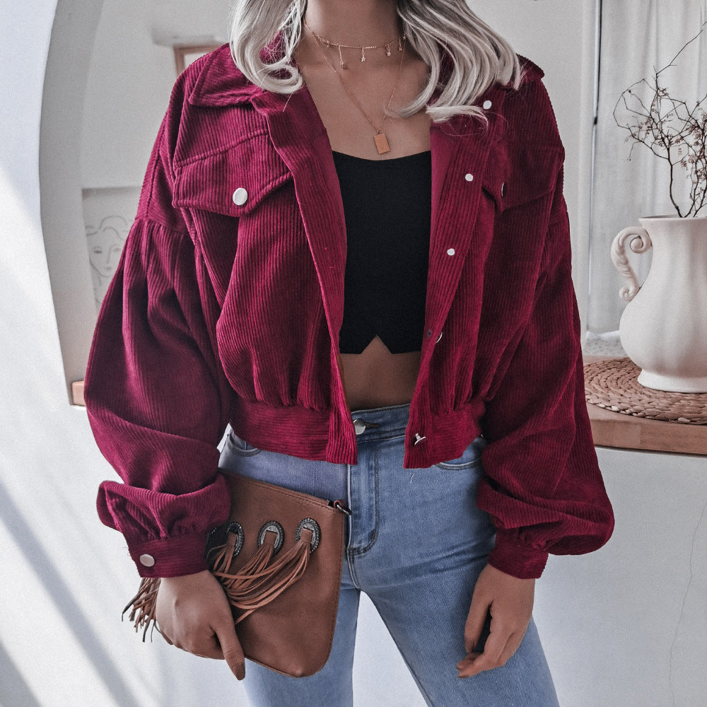 Casual Corduroy Lantern Sleeves Jacket-Massicos