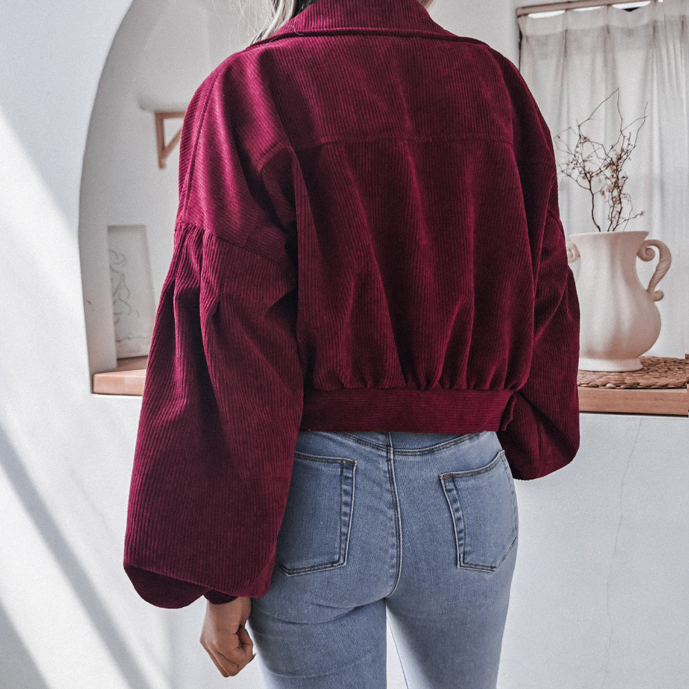 Casual Corduroy Lantern Sleeves Jacket-Massicos