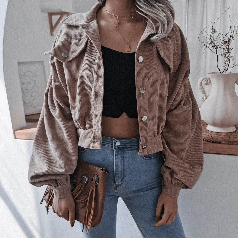 Casual Corduroy Lantern Sleeves Jacket-Massicos