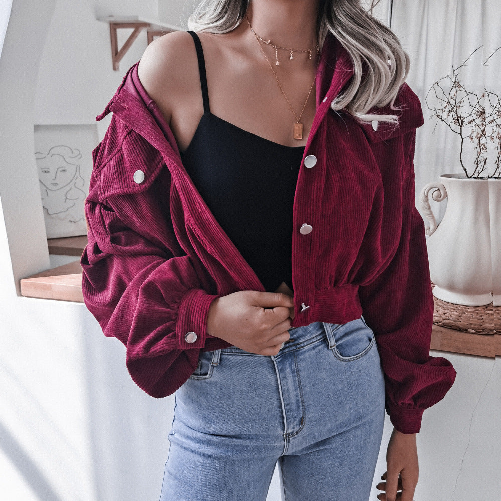 Casual Corduroy Lantern Sleeves Jacket-Massicos