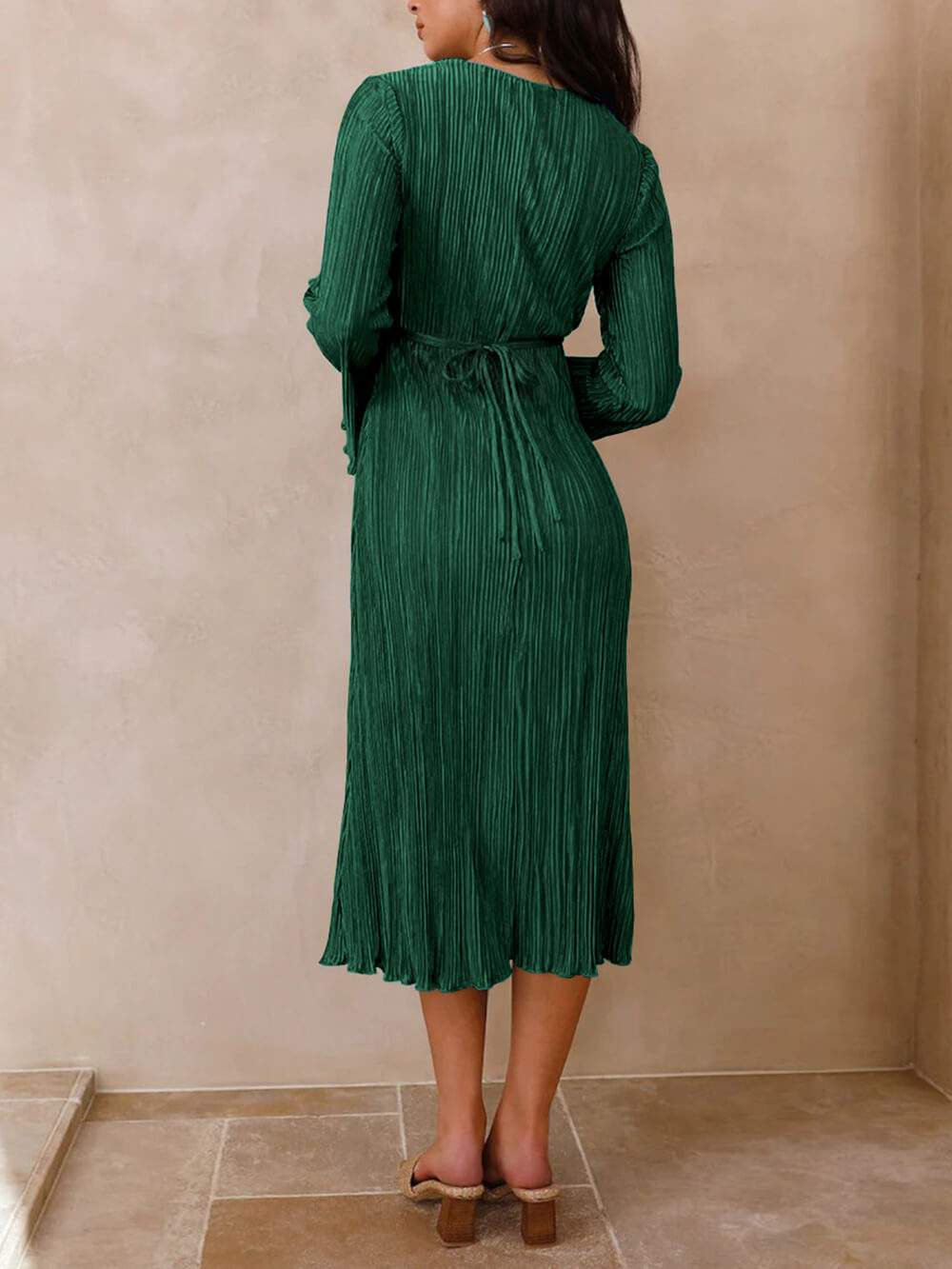 Mountain Vistas Draped Pleated Bell-Sleeve Midi Dress-Massicos