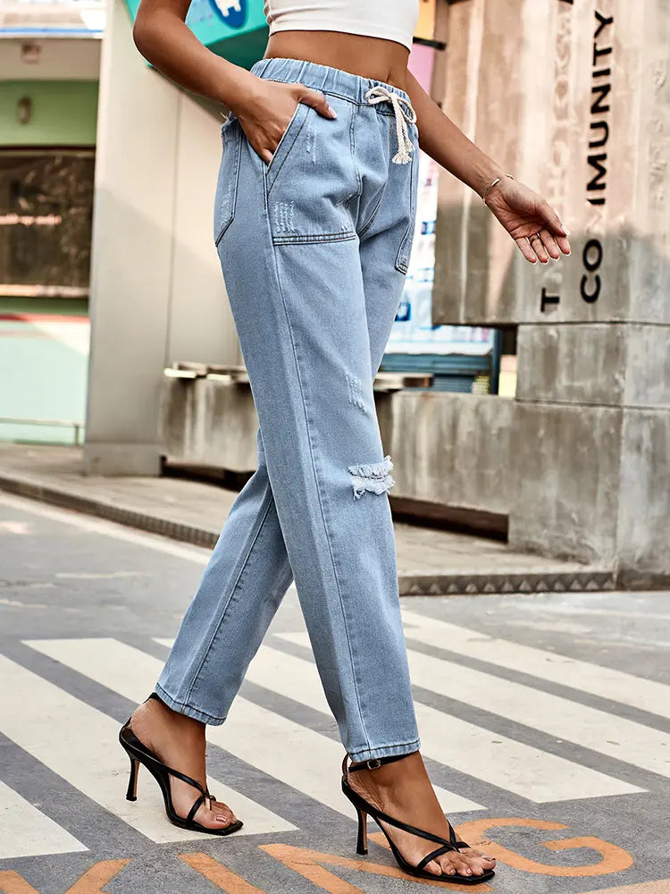 Autumn Drawstring Waist Distressed Denim Pants-Massicos