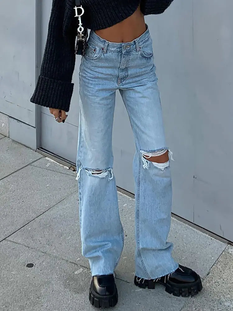 Trendy Flared Wide-Leg Ripped Denim Jeans-Massicos