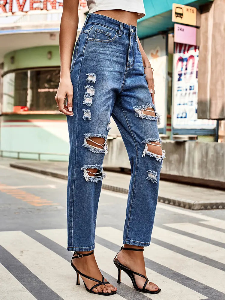 Versatile Washed Ripped Straight-Leg Cropped Jeans-Massicos