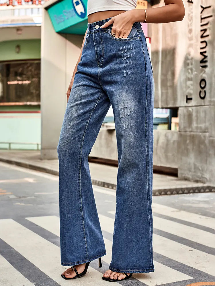 Versatile Mid-Rise Flared Denim Pants-Massicos