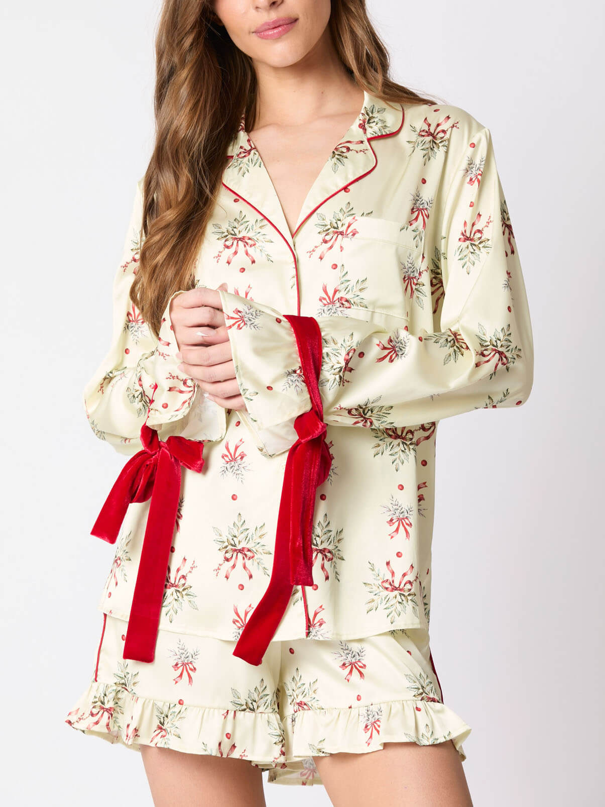 Festive  Mistletoe Print Bow Tie Pajama Set-Massicos