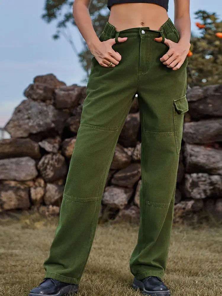 Elastic Waist Relaxed Fit Denim Cargo Pants-Massicos