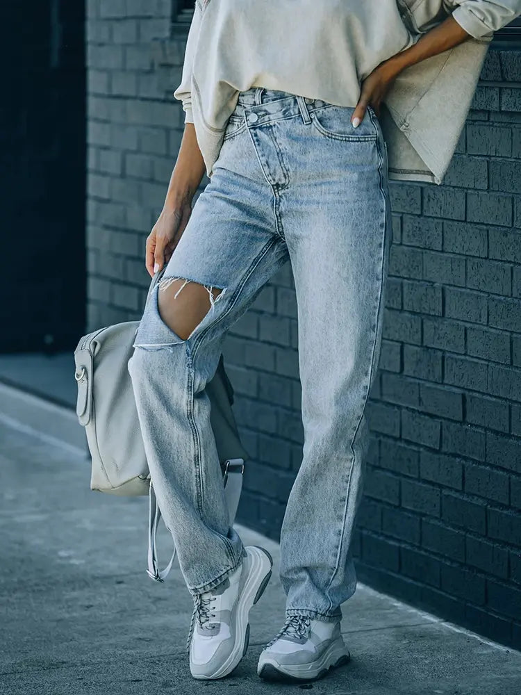 Trendy Asymmetric Distressed Denim Jeans-Massicos