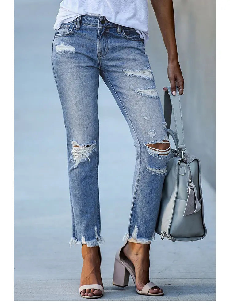 Slim Fit Ripped Cropped Jeans-Massicos