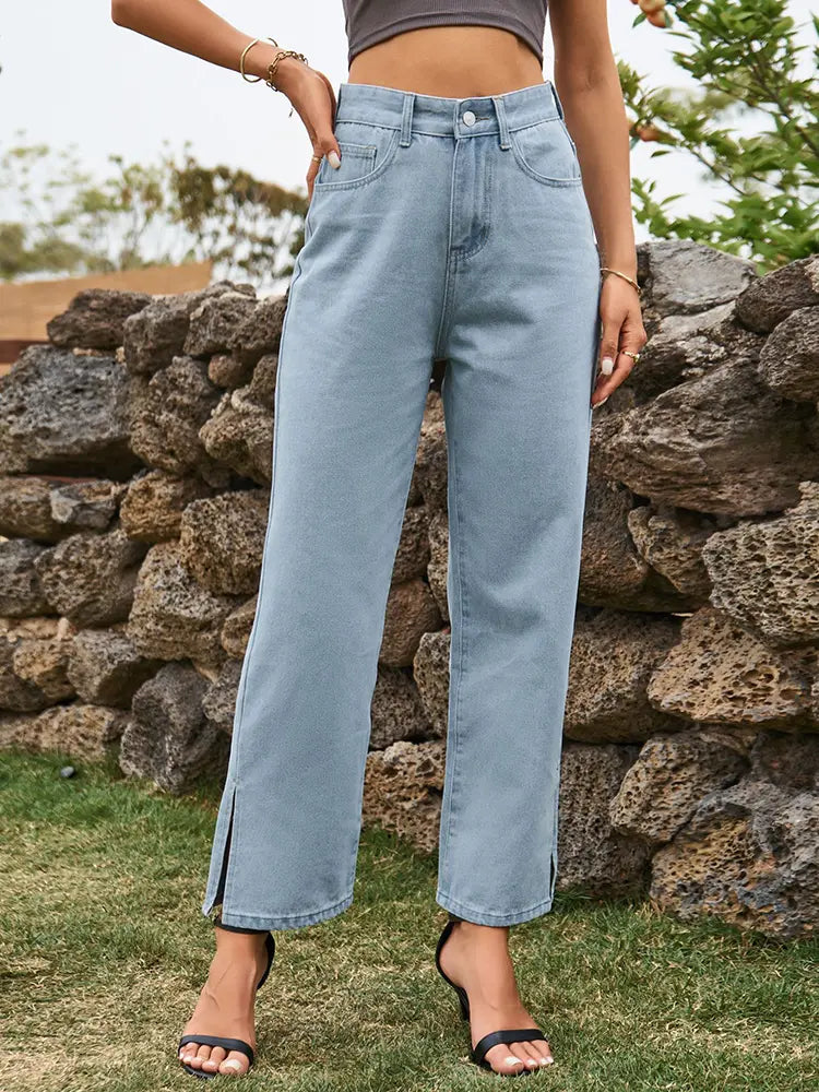 Trendy Split-Hem Washed Denim Pants-Massicos
