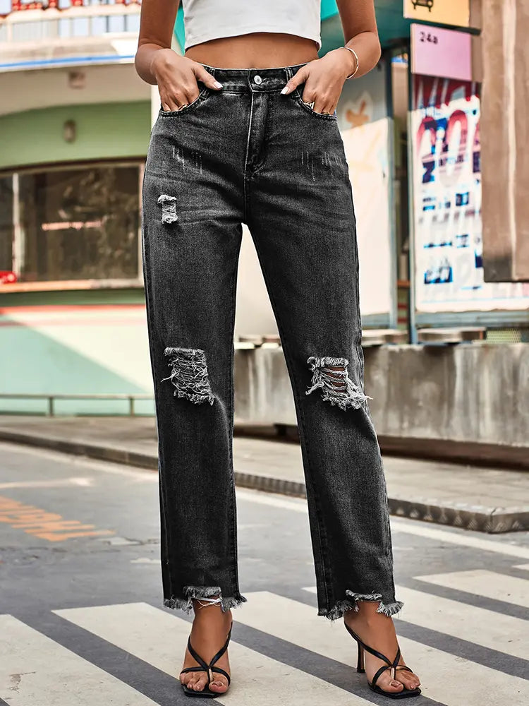 Trendy Ripped Denim Pants for Women-Massicos