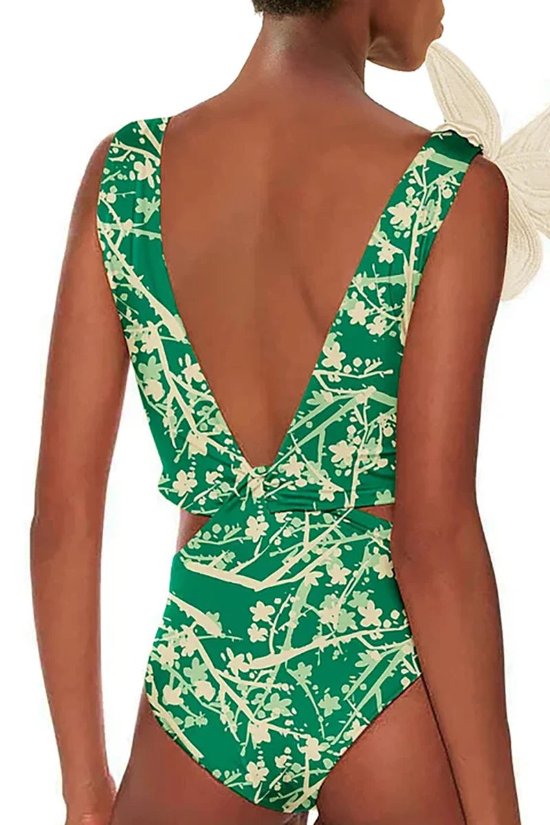 Floral Appliqué Green Printed One-Piece Swimsuit-ROVOLE