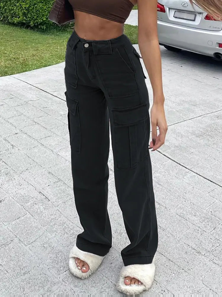 Versatile Multi-Pocket Loose-Fit Denim Cargo Pants-Massicos