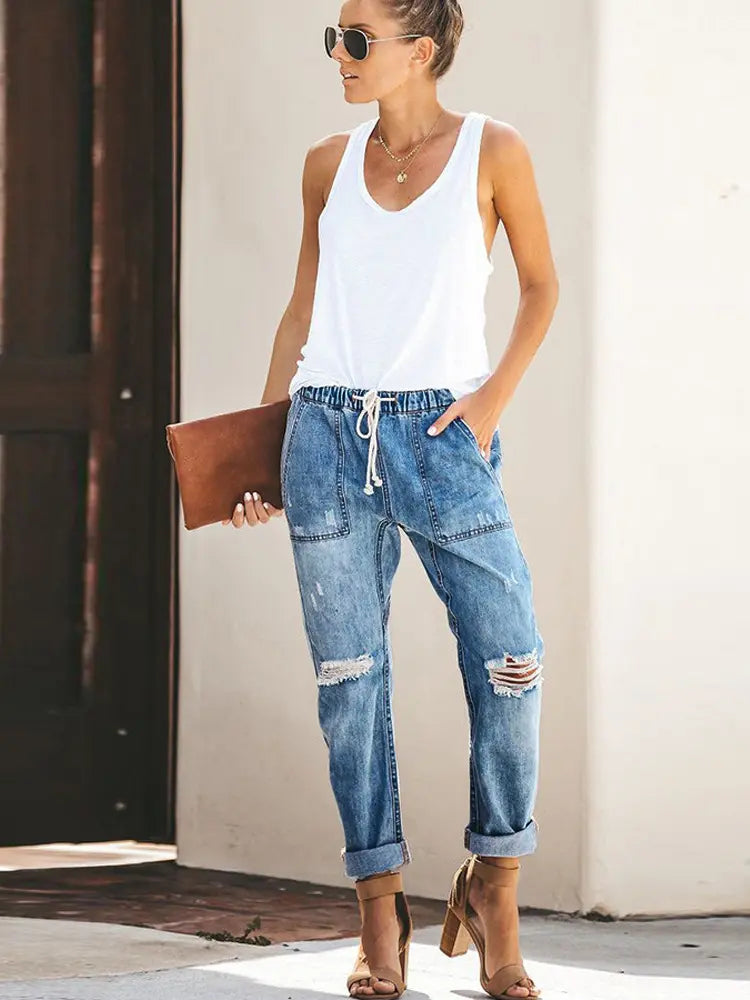 Autumn Drawstring Ripped Denim Pants-Massicos