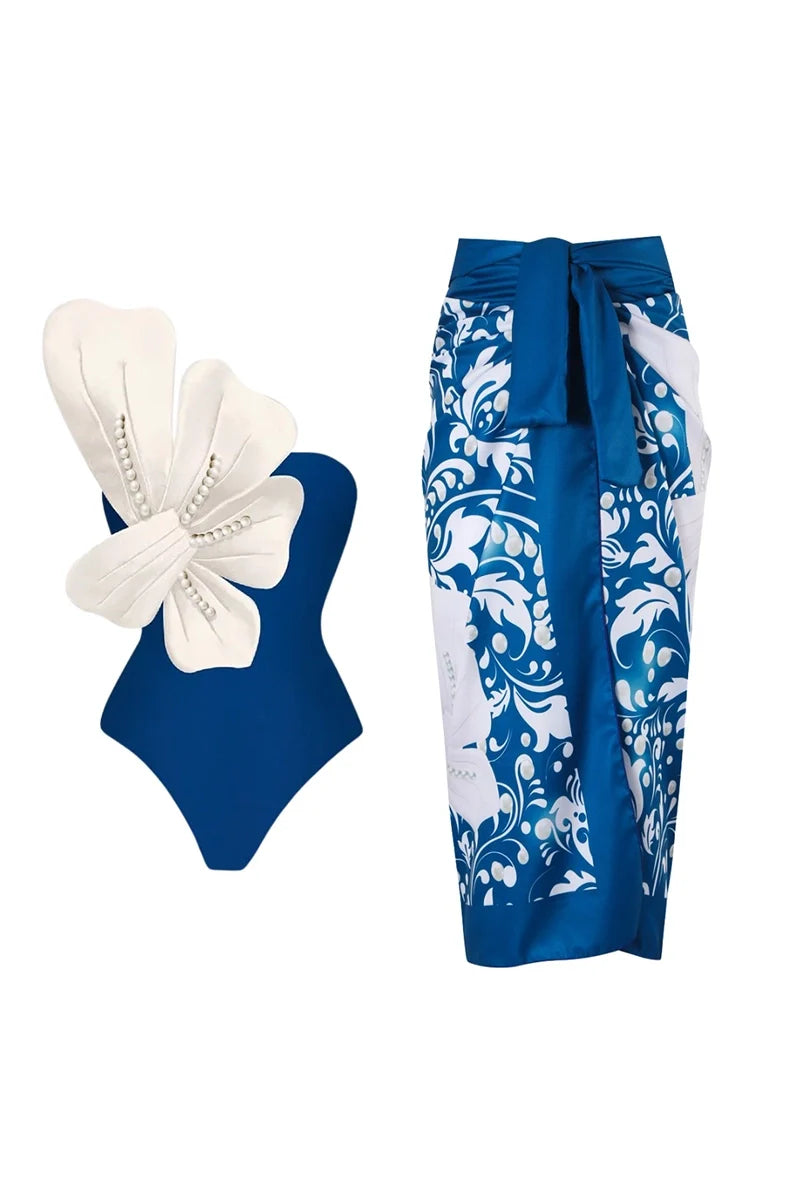 Blue Swimsuit Set Pearl Floral Accents-ROVOLE