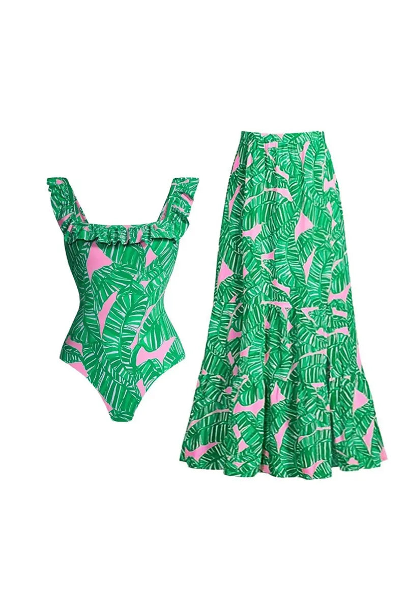 Green Ruffle Print One Piece Swimsuit-ROVOLE