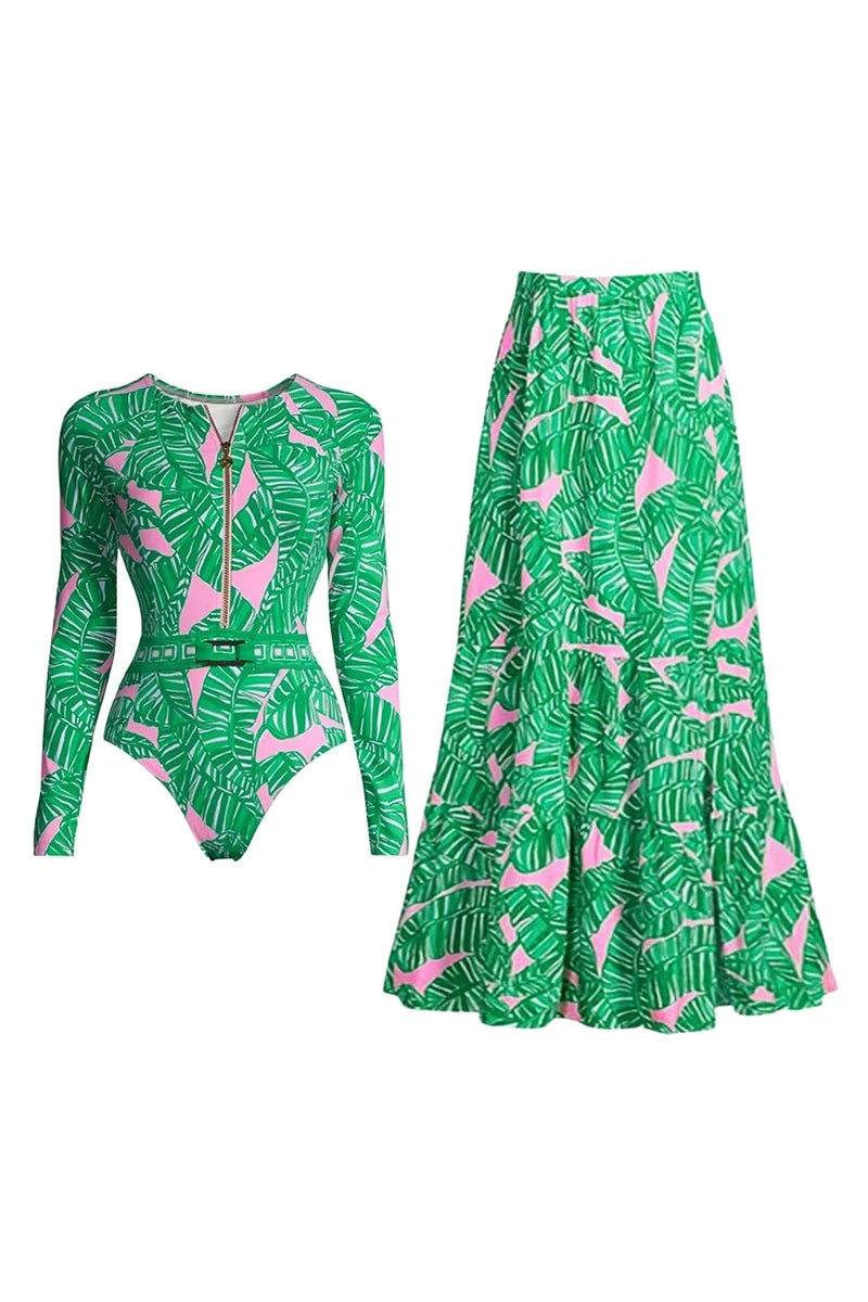 Green Zip-Up Floral Surf Set-ROVOLE