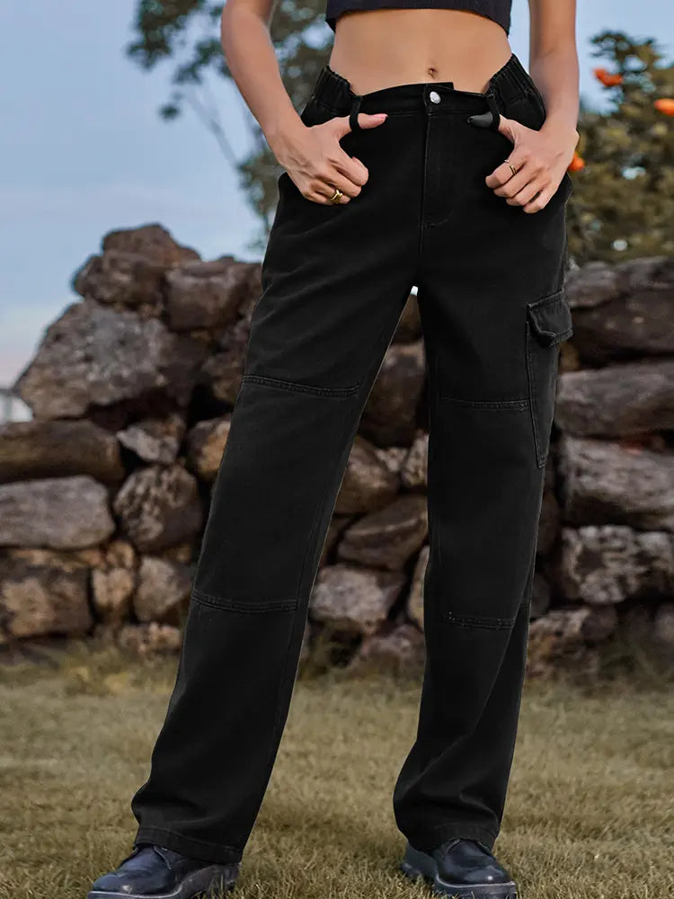 Elastic Waist Relaxed Fit Denim Cargo Pants-Massicos