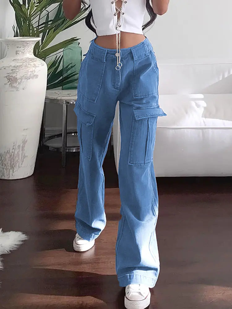 Versatile Multi-Pocket Loose Fit Cargo Jeans-Massicos