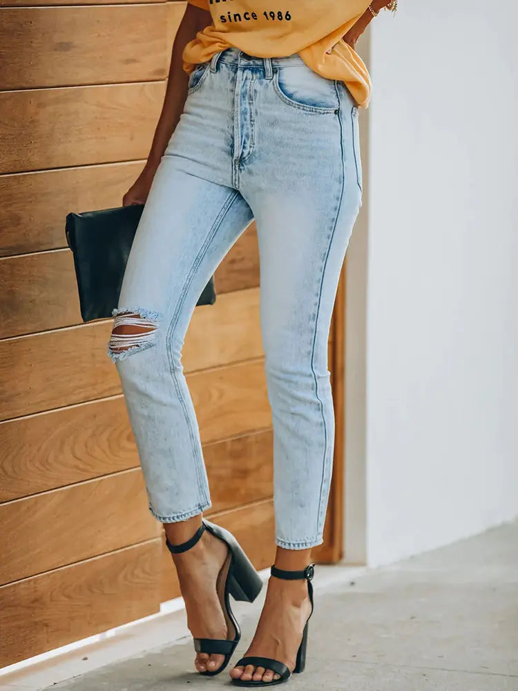 Vintage Ripped Denim Ankle-Length Pants-Massicos