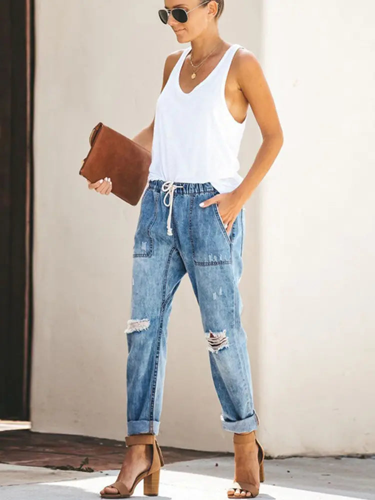 Autumn Drawstring Ripped Denim Pants-Massicos