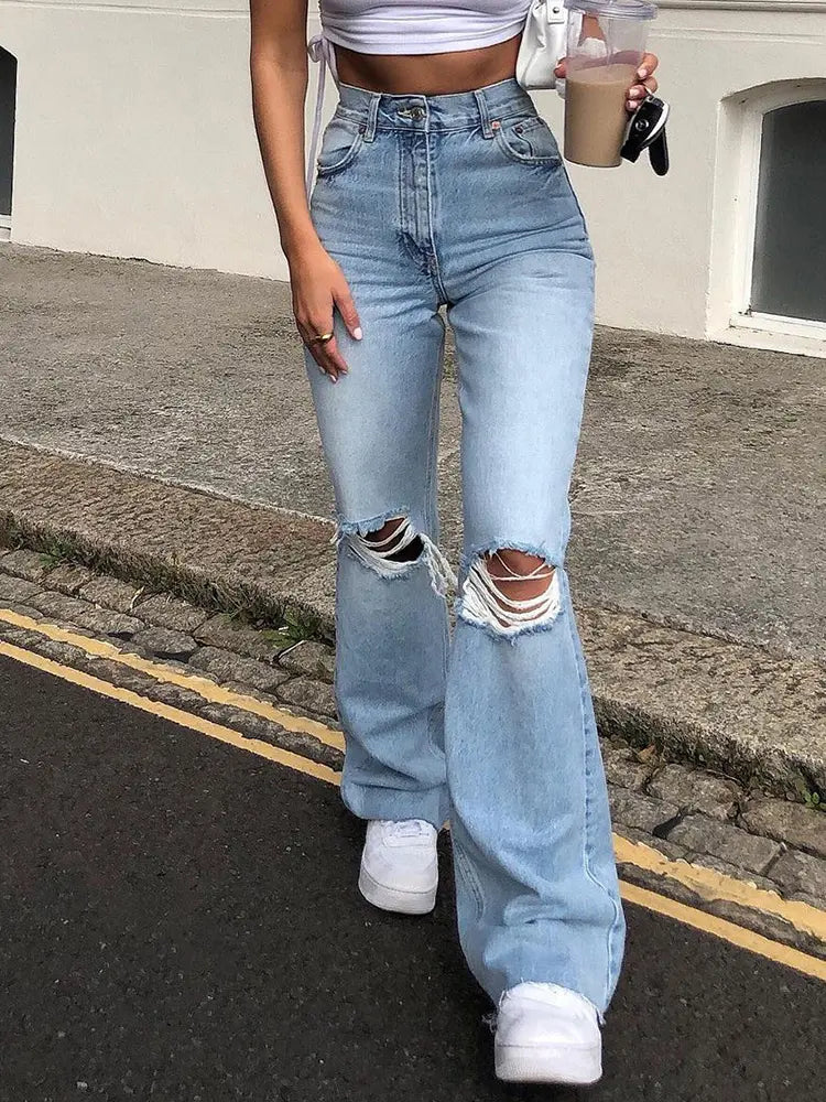 Flared Distressed Wide-Leg Jeans-Massicos