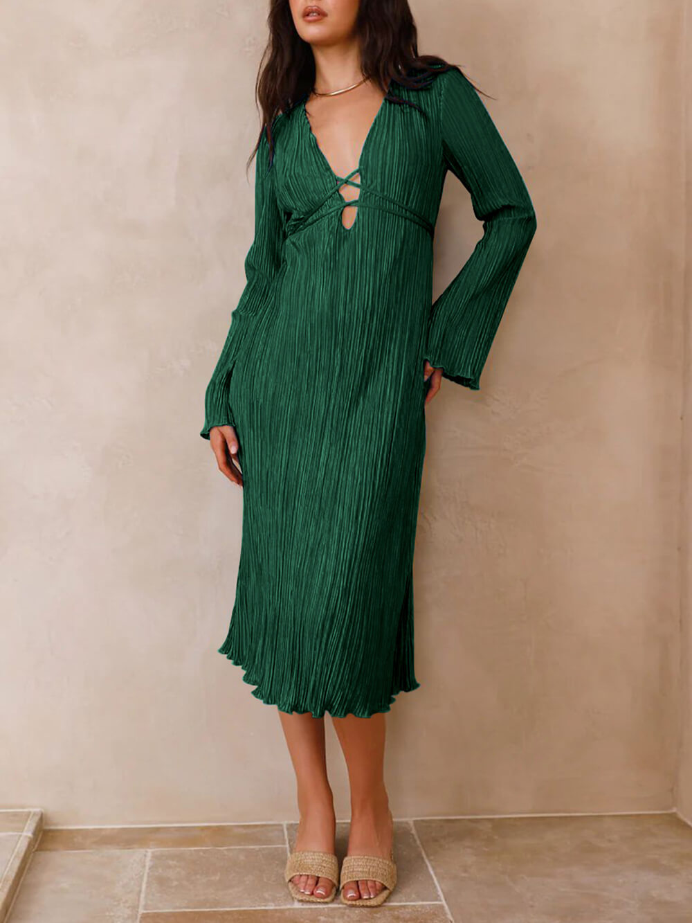 Mountain Vistas Draped Pleated Bell-Sleeve Midi Dress-Massicos