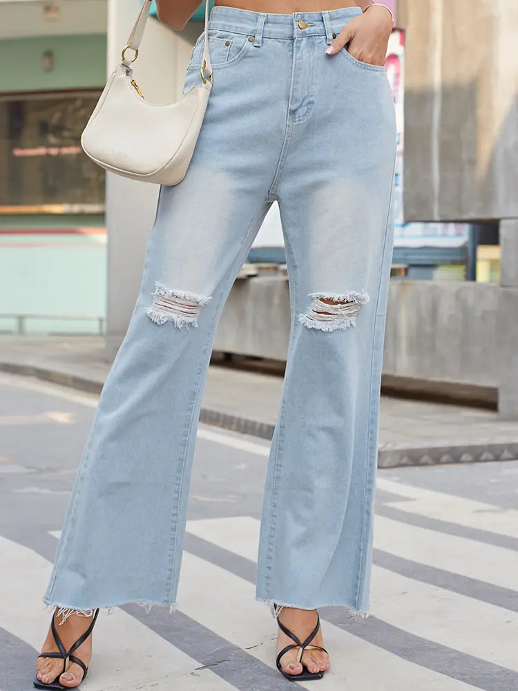 Vintage Wide-Leg Ripped Flare Jeans-Massicos