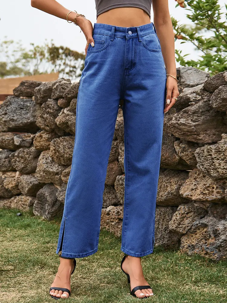 Trendy Split-Hem Washed Denim Pants-Massicos