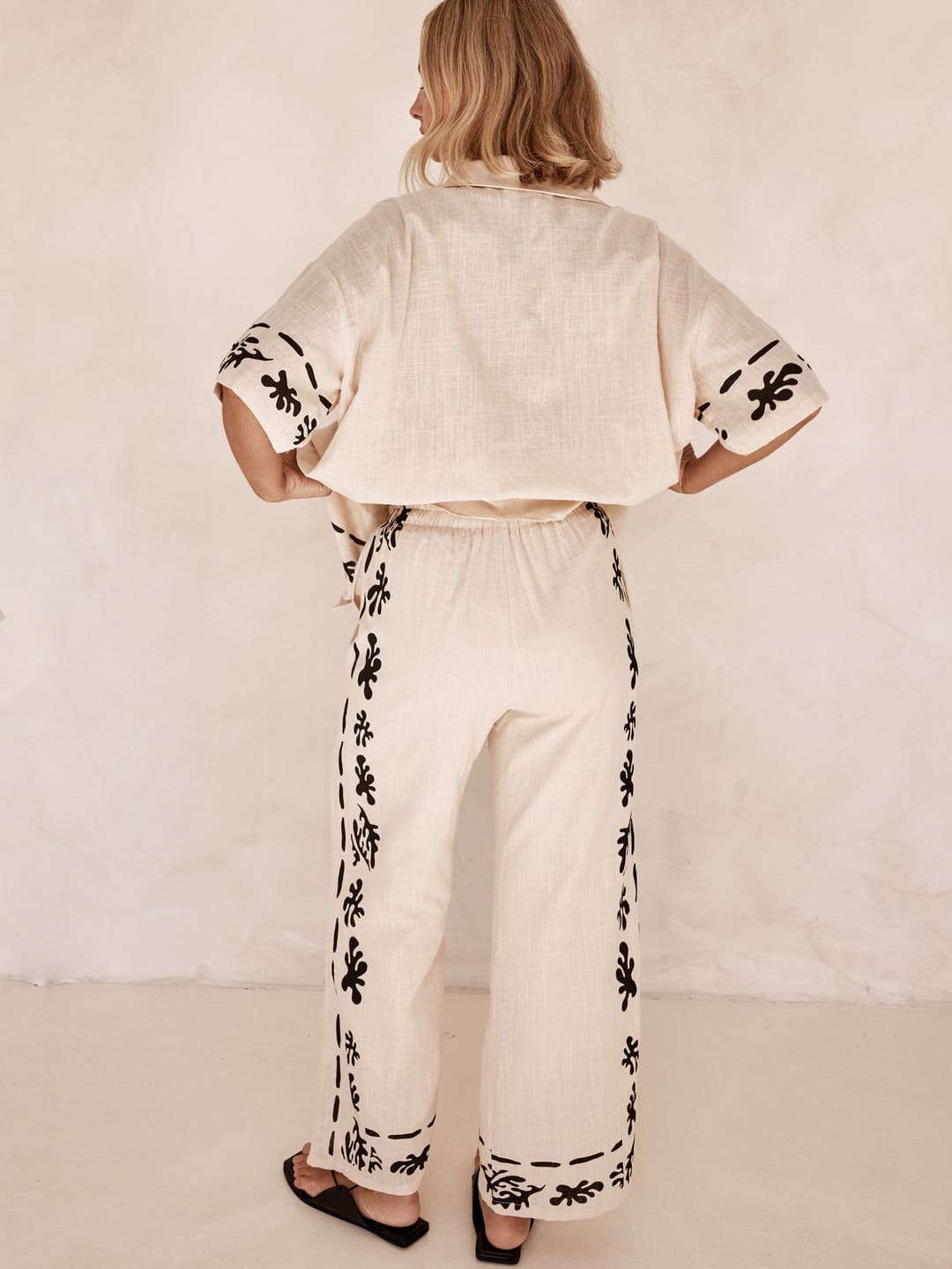 Black Printed Cream Wide Leg Pants-Set-Massicos